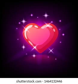 Bright pink glossy heart with sparkles, slot icon for online casino or logo for mobile game on dark purple background, vector illustration.
