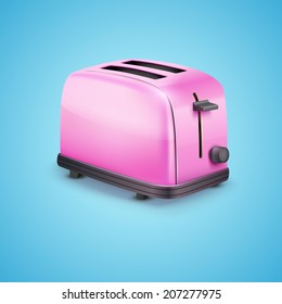 Bright Pink Glossy Toaster. Vector illustration on blue background