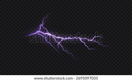 Bright pink glowing lightning discharge on dark background. Vector light effect of bright horizontal lightning.