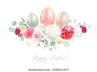 Bright pink and gold Easter eggs vector design bouquet. Sage, magenta and beige tones. Blush and white roses, eucalyptus spring design. Seasonal flowers. Watercolor composition. Isolated and editable