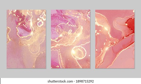 Bright pink and gold stone geode pattern. Alcohol ink technique abstract vector background. Modern paint with glitter. Marble texture. Set of templates for banner, poster design. Fluid art painting