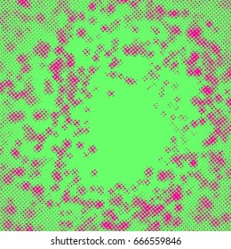 Bright pink and green distressed dotted particle page layout. Retro easy to apply image or graphic halftone texture effect. Vector illustration