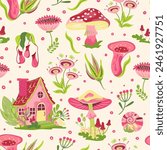 Bright pink groovy cottagecore seamless pattern with house and mushrooms on light yellow background. Retro surreal wallpaper with fun fungi and toadstools, agaric. Vintage design 60s, 70s style.