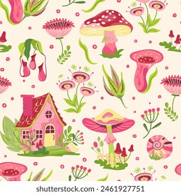 Bright pink groovy cottagecore seamless pattern with house and mushrooms on light yellow background. Retro surreal wallpaper with fun fungi and toadstools, agaric. Vintage design 60s, 70s style.