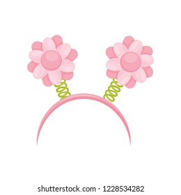 Bright pink hair hoop with flowers on spiral springs. Head accessory. Attribute of festive costume. Flat vector icon