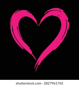 Bright pink hand drawn heart outline with a rough brush style isolated on a black background, representing love, romance, affection, and emotion.