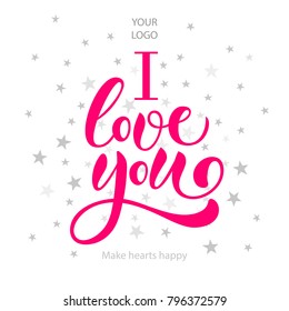 Bright pink hand sketched celebration design "I love you" for valentine background with gray stars. Promotional romance vector calligraphy text for broadsheet, booklet, brochure
