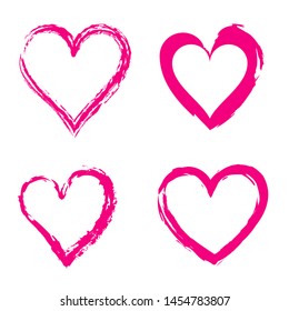 Bright Pink Heart Icon Set Painted with Lipstick. Heart Symbol Outline in Grunge Style Isolated on White Background. Vector Illustration