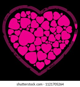 Bright Pink Heart made from small hearts, on dark background