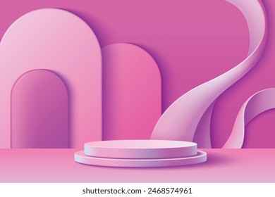 Bright pink hologram product podium with abstract arch and wave decorative elements on wall of studio room. Realistic 3d vector cylinder showcase platform with holographic iridescent gradient color.