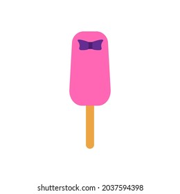 Bright pink ice cream on stick with violet bow isolated on white background. Ice cream lolly icon on flat style. Cartoon vector illustration. Clip art for t-chirt, postcard, sticker, print, case phone