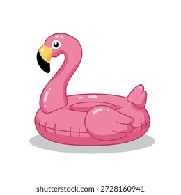 Un flotador inflable rosado brillante de la piscina del flamenco con un pico negro y amarillo, diseñado para la diversión del agua.