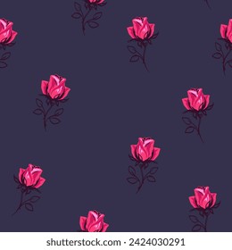 Hellrosa, einzeln süße Blumen rosen nahtlos Muster. Abstrakte, stylisierte kleine Äste rosen auf dunkelblauem Hintergrund. Vektorhandgezeichnete Skizze. Design für Druck, Gewebe, Mode, Textilien