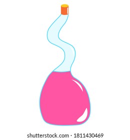 Bright pink isolated magic potion bottle. Halloween symbol. Simple cartoon style. Occultism and witchcraft drink. Fairy tale elixir chemistry. Aura testing. Cosmetics and medicine