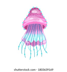 Bright pink jelly creature ocean or sea inhabitant vector flat illustration. Colorful gorgeous marine animal with tentacles decorated with design elements isolated on white background