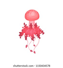 Bright pink jellyfish. Beautiful marine creature with long tentacles and umbrella-shaped body. Underwater life theme. Flat vector icon