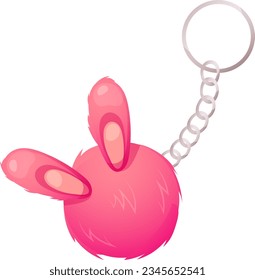 Bright pink keychain in the form of fluffy ball with ears. Bunny keychain for girls and dolls. Vector illustration in cartoon style, garish vector