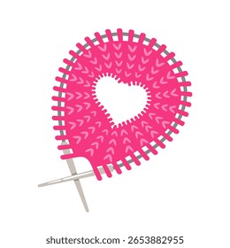 Bright pink knitting with a heart in the center. Playful and modern design with crossed needles, perfect for crafts and love-themed projects.