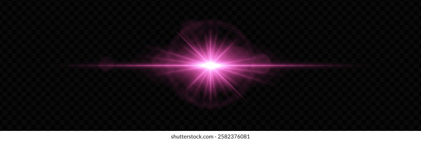 Bright pink lens flare with radiating beams on a dark transparent background. Horizontal glow effect symbolizes illumination, energy, and futuristic design. Sci-fi, digital effects, abstract themes