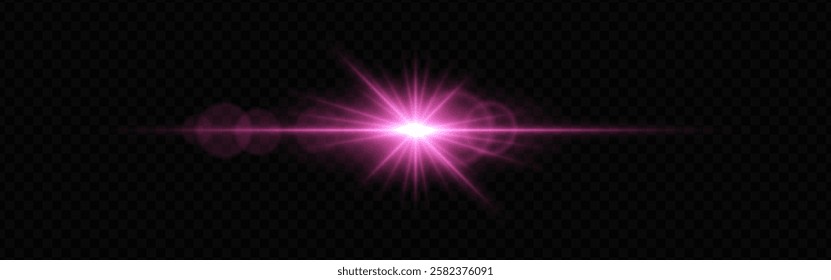 Bright pink lens flare with radiating beams on a dark transparent background. Horizontal glow effect symbolizes illumination, energy, and futuristic design. Sci-fi, digital effects, abstract themes