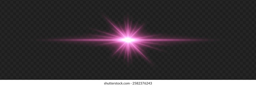 Bright pink lens flare with radiating beams and light rings on a dark transparent background. Horizontal glow effect symbolizes illumination, energy, and futuristic design