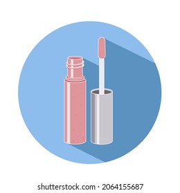 Icono del vector del lápiz labial líquido rosa brillante aislado en fondo azul
