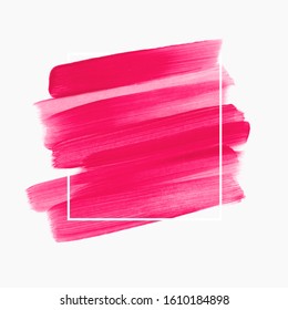 Bright pink logo brush stroke painted acrylic background vector over square frame. Perfect design for any creative ideas.