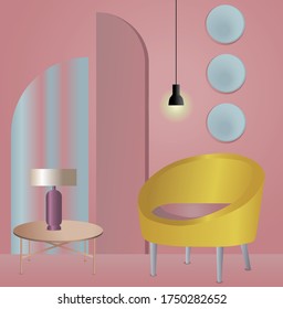 Diseño interior de estilo memphis rosa brillante, ilustración vectorial