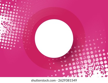 Bright pink minimal halftone grunge dots abstract background with white circle. Geometric tech concept vector design