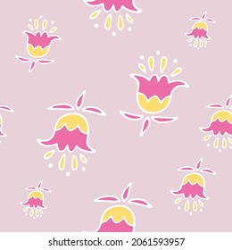 Bright pink minimalistic vector pattern. The ornament is in the form of flowers of delicate pink and yellow flowers with petals consisting of smooth contours. Abstract universal image