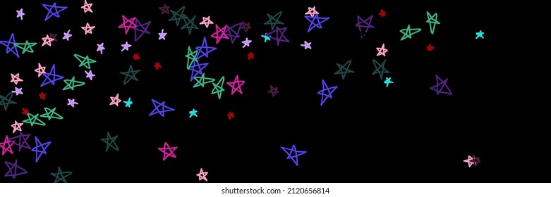 Bright Pink Mint Chaotic Multicolor Stars Pastel Illustration. Colorful Naive Lavender Violet Vibrant Childish Purple Bordo Sky Wallpaper. Night Kids Black Red Green Dark Vivid Handdrawn Stars.