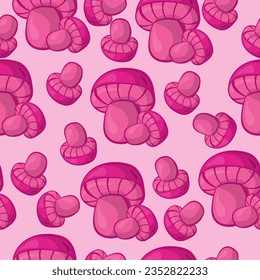 Bright pink mushrooms seamless pattern on a gentle background, large and small with hats vector illustration
