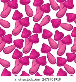 Bright pink mushrooms seamless pattern on white background vector illustration