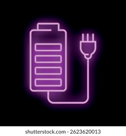 Bright pink neon battery icon is glowing on a dark background, showing a full charge status and a connected plug