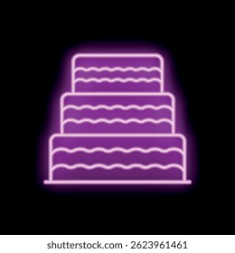 Bright pink neon sign in the dark shaped like a three layered cake with a wavy icing design