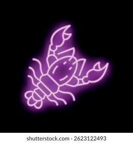 Bright pink neon sign depicting a lobster with large claws on a black background