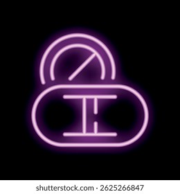Bright pink neon sign representing a pill box opening, with a forbidden symbol over it, on a black background
