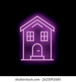 Bright pink neon sign in the shape of a simple house is glowing on a black background
