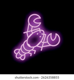 Bright pink neon sign in the shape of a lobster is glowing on a black background