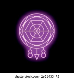 Bright pink neon sign in the shape of a dreamcatcher, glowing on a dark background