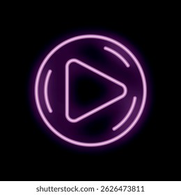 Bright pink neon sign in the shape of a play button, glowing on a dark background
