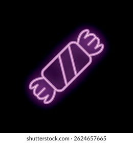 Bright pink neon sign showing a wrapped candy on black background, great for any project needing a nostalgic and fun element