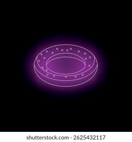 Bright pink neon sign showing an inflatable swim ring on a black background
