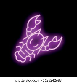 Bright pink neon sign of a smiling cartoon lobster glowing on a black background