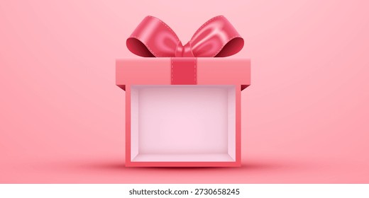 Caja de regalo abierta de color rosa brillante con un lujoso lazo, perfecto para vacaciones y ocasiones especiales. Esta elegante presentación es ideal para promociones y diseños festivos. Ilustración vectorial