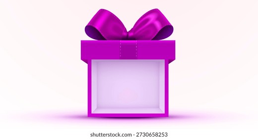 Caja de regalo abierta de color rosa brillante con un lujoso lazo, perfecto para vacaciones y ocasiones especiales. Esta elegante presentación es ideal para promociones y diseños festivos. Ilustración vectorial