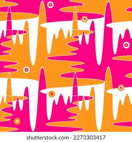 Bright pink and orange abstract wavy shapes background. Seamless pattern. For print on textile, wrapping paper, packaging, web design.