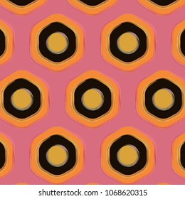  bright pink and orange hexagons repeating pattern with black brush painted outlines for creative surface, textile, fabric and background designs