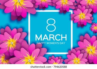 Bright Pink Origami Spring Banner. Paper cut Exotic Tropical Floral Greetings card. Spring blossom. Square ribbon frame. Happy Women's Day. 8 March. Text. Seasonal holiday on sky blue. Trendy decor.