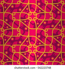 Bright pink ornamental seamless pattern in inwrought style. Shining, graphic design for curtain, wallpaper, textile or other purpose. Flat tessellated repeatable backdrop.